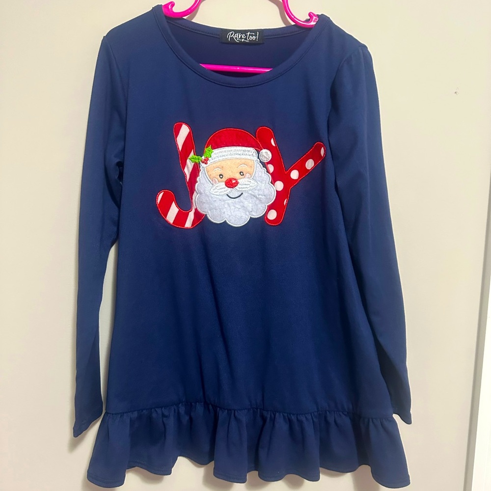 NWOT Navy long sleeve t-shirt ruffle hem Christmas girls dress w/🎅joy embroidery